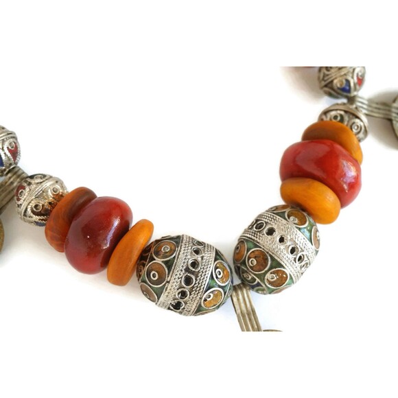 Berber Coin Necklace: Enamel & Copal Beads, Moroccan Tribal Style - Picture 6 of 10